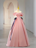 Pink Satin Floor Length Prom Dress, Off Shoulder Party Dress HZ0429