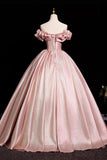 Elegant Pink Satin Prom Dresses Ball Gown, A-Line Off-The-Shoulder Backless Floor-Length Formal Dresses HZ0429