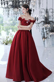 Burgundy Satin Long Prom Dresses, Cute Evening Dresses with Bow HZ0429