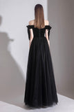 Black Tulle Off the Shoulder Prom Dress, Black A-Line Party Evening Dress HZ0429