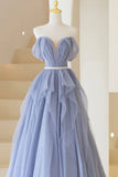 Blue Off Shoulder Tulle Long Formal Dress, A-Line Blue Evening Dress HZ0429