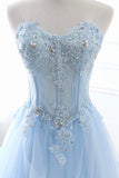 Blue Strapless Tulle Lace Long A-Line Prom Dress, Blue Evening Dress HZ0429