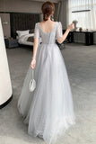 Gray Tulle Lace Long Prom Dresses, A-Line Evening Dresses HZ0429