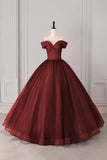Burgundy Sweetheart Prom Dress with Black Dotted Tulle Overlay Off Shoulder Formal Evening Gown HZ0429