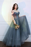 Gray Tulle Long A-Line Prom Dress, Off the Shoulder Formal Evening Dress HZ0429