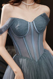 Gray Tulle Long A-Line Prom Dress, Off the Shoulder Formal Evening Dress HZ0429