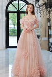 Sweet Pink Tulle Long Prom Dress, A-Line Off the Shoulder Evening Dress HZ0429