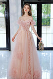Sweet Pink Tulle Long Prom Dress, A-Line Off the Shoulder Evening Dress HZ0429