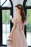 Sweet Pink Tulle Long Prom Dress, A-Line Off the Shoulder Evening Dress HZ0429