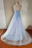 Blue Strapless Lace Long A-Line Prom Dress, Blue Evening Party Dress HZ0429