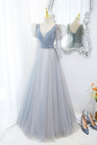 Cute V-Neck Tulle Beaded Long Prom Dress, Gray A-Line Evening Party Dress HZ0429