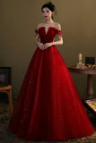 Burgundy Tulle Beaded Long Prom Dress, A-Line Off the Shoulder Evening Dress HZ0429