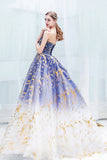 Blue Gradient Tulle Evening Dress, A-Line Strapless Long Prom Dress HZ0429