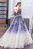 Blue Gradient Tulle Evening Dress, A-Line Strapless Long Prom Dress HZ0429