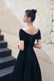 Navy Velvet Long Prom Dress, A-Line Off the Shoulder Party Dress HZ0429
