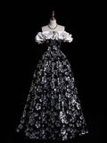 White and Black Sequins Long Prom Dress, Off the Shoulder A-Line Party Dress HZ0429