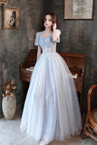 Blue Tulle Long  A-Line Formal Dresses, Shiny V-Neck Evening Dresses HZ0429
