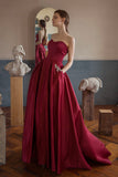 Burgundy Satin Long Strapless Prom Dresses with Pockets HZ0429
