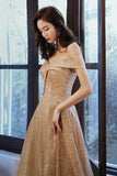 Gold Sequins Long Prom Dress, A-Line Off the Shoulder Evening Dress HZ0429