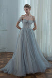 Gray Tulle Beaded Long Prom Dress, A-Line Off the Shoulder Evening Dress HZ0429
