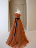 Simple A-Line Strapless Long Prom Dress, Beautiful Tulle Graduation Dress HZ0429
