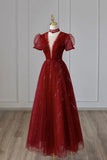 Burgundy Tulle Sequins Tea Length Prom Dress, A-Line Evening Dress HZ0429