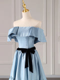 Blue Satin Long Formal Dress, Blue Strapless A-Line Prom Dress HZ0429
