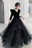 Black A-Line Long Sleeve Prom Dress, Black V-Neck Evening Dress HZ0429