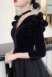 Black A-Line Long Sleeve Prom Dress, Black V-Neck Evening Dress HZ0429