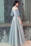Gray Tulle Lace Long Prom Dresses, Cute A-Line Evening Dresses HZ0429