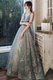 Gray V-Neck Tulle Sequins long Prom Dress, A-Line Evening Dress HZ0429