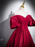 Burgundy Satin Long Prom Dress, Off the Shoulder A-Line Formal Evening Dress HZ0429