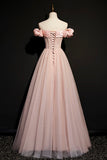 Pink Tulle Off the Shoulder Prom Dress, Beautiful A-Line Evening Dress HZ0429
