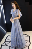 Blue Tulle Long A-Line Prom Dresses, V-Neck Evening Dresses HZ0429