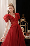 Burgundy Tulle Sequins Long Prom Dress, A-Line Evening Party Dress HZ0429
