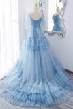 A-Line Tulle Long Prom Dresses, V-Neck Spaghetti Strap Long Princess Dresses HZ0429