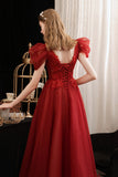 Burgundy Tulle Sequins Long Prom Dress, A-Line Evening Party Dress HZ0429