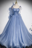 Blue Spaghetti Strap Tulle Long Dress, Blue Evening Dress with Bow HZ0429
