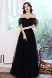 Black Tulle Long A-Line Prom Dress, Black Party Dress with Sequins HZ0429