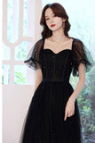 Black Tulle Long A-Line Prom Dress, Black Party Dress with Sequins HZ0429