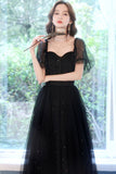 Black Tulle Long A-Line Prom Dress, Black Party Dress with Sequins HZ0429