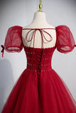 Red Beaded Tulle A-Line Long Formal Dress, Red Prom Dress HZ0429