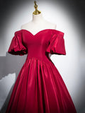 Burgundy Satin Long Prom Dress, Off the Shoulder A-Line Formal Evening Dress HZ0429
