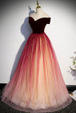 Burgundy Velvet Tulle Long Prom Dresses, Off the Shoulder Formal Evening Dresses HZ0429