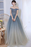 Blue Gradient Beaded Tulle Long Formal Dress, Blue A-Line Prom Dress HZ0429