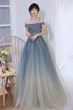 Blue Gradient Beaded Tulle Long Formal Dress, Blue A-Line Prom Dress HZ0429