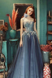 Gray Blue Lace Long Prom Dress, A-Line Evening Party Dress HZ0429