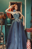 Gray Blue Lace Long Prom Dress, A-Line Evening Party Dress HZ0429