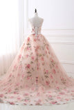 Pink Floral Pattern Lace Long Prom Dress, A-Line Formal Dress HZ0429