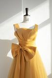 Yellow Satin Tulle Long Prom Dress, A-Line Evening Dress with Bow HZ0429
